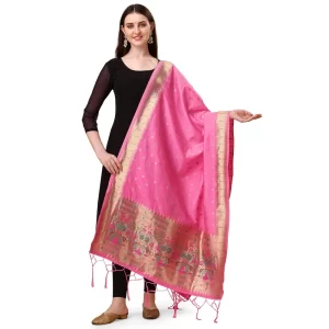 Women’s Silk Pure Zari weaving Duppatta (Light Pink, Length: 2-2.3 Mtrs)
