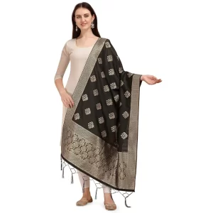 Generic Women’s Silk Pure Zari weaving Duppatta (Black, Length: 2-2.3 Mtrs)