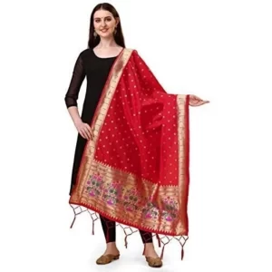 Generic Women’s Silk Pure Zari weaving Duppatta (Red, Length: 2-2.3 Mtrs)