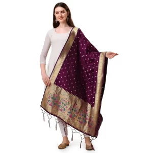 Generic Women’s Silk Pure Zari weaving Duppatta (Purple, Length: 2-2.3 Mtrs)