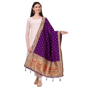 Generic Women’s Silk Pure Zari weaving Duppatta (Purple, Length: 2-2.3 Mtrs)