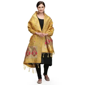Generic Women’s Silk Pure Zari weaving Duppatta (Mustard Yellow, Length: 2-2.3 Mtrs)
