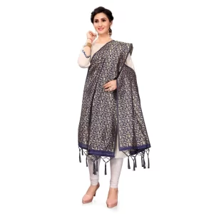 Generic Women’s Silk Pure weaving Work Duppatta (Navy Blue, Length: 2-2.3 Mtrs)