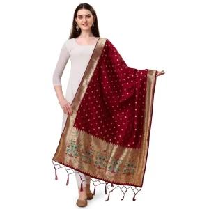 Generic Women’s Silk Pure Zari weaving Duppatta (Maroon, Length: 2-2.3 Mtrs)