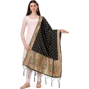 Generic Women’s Silk Pure Zari weaving Duppatta (Black, Length: 2-2.3 Mtrs)