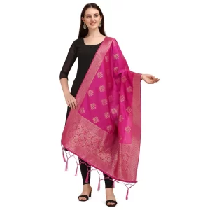 Women’s Silk Pure Zari weaving Duppatta (Pink, Length: 2-2.3 Mtrs)