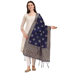 Generic Women’s Silk Pure Zari weaving Duppatta (Navy Blue, Length: 2-2.3 Mtrs)