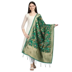 Generic Women’s Silk Pure Zari weaving Duppatta (Green, Length: 2-2.3 Mtrs)