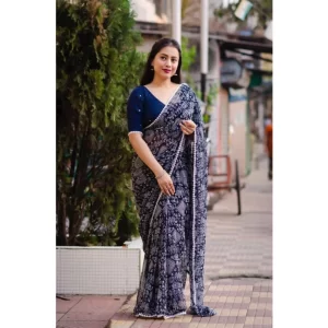 Women’s Georgette Printed Saree With Unstitched Blouse (Navyblue)