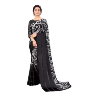 Women’s Satin Patta Printed Saree With Unstitched Blouse (Grey)