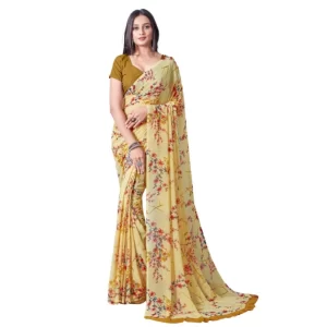 Women’s Georgette Printed Saree With Unstitched Blouse (Yellow)