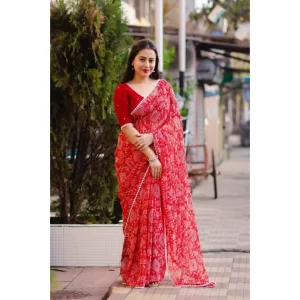 Women’s Georgette Printed Saree With Unstitched Blouse (Red)