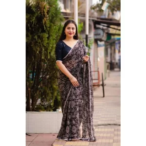 Women’s Georgette Printed Saree With Unstitched Blouse (Black)