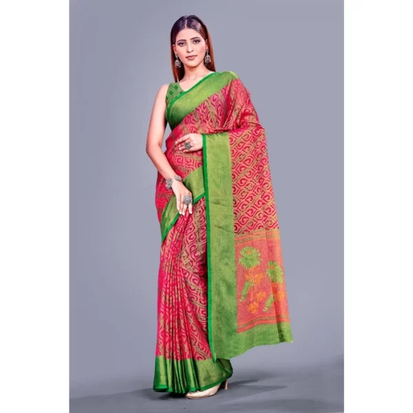 Women's Viscose Rayon Printed Saree With Unstitched Blouse (Pink)