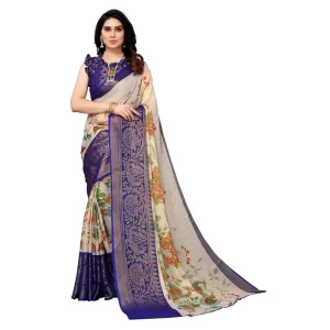 Women’s Viscose Rayon Printed Saree With Unstitched Blouse (Blue)