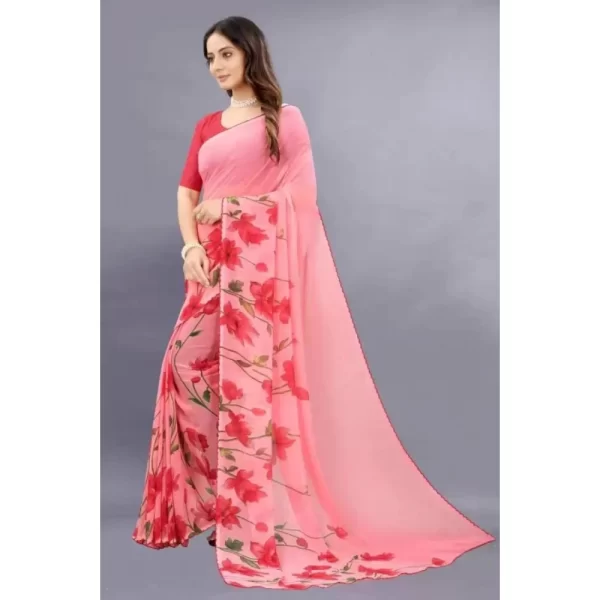 Women's Georgette Printed Saree With Unstitched Blouse (Red)