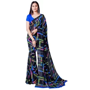 Women’s Georgette Printed Saree With Unstitched Blouse (Blue)