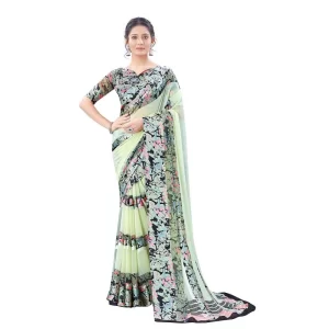 Women’s Satin Patta Printed Saree With Unstitched Blouse (Cream)