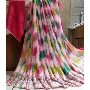 Women’s Satin Patta Printed Saree With Unstitched Blouse (Pink)