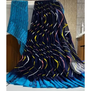 Women’s Satin Patta Printed Saree With Unstitched Blouse (Blue)