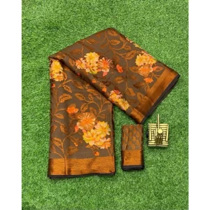 Women’s Viscose Rayon Printed Saree With Unstitched Blouse (Brown)