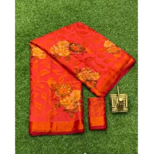 Women’s Viscose Rayon Printed Saree With Unstitched Blouse (Red)