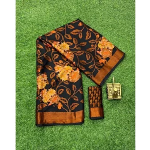 Women’s Viscose Rayon Printed Saree With Unstitched Blouse (Black)