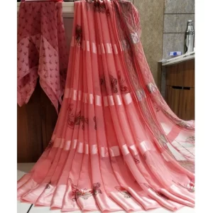 Women’s Satin Patta Printed Saree With Unstitched Blouse (Pink)