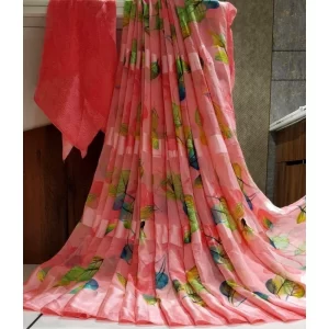 Women’s Satin Patta Printed Saree With Unstitched Blouse (Pink)