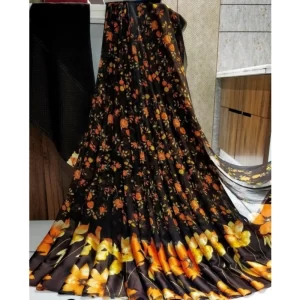 Women’s Satin Patta Printed Saree With Unstitched Blouse (Brown)