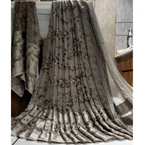 Women’s Satin Patta Printed Saree With Unstitched Blouse (Grey)