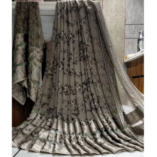 Women's Satin Patta Printed Saree With Unstitched Blouse (Grey)