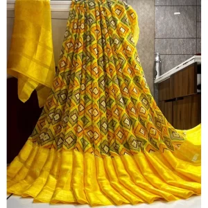 Women’s Satin Patta Printed Saree With Unstitched Blouse (Yellow)