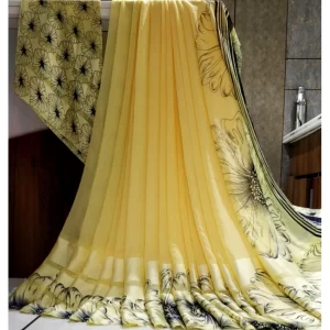 Women’s Satin Patta Printed Saree With Unstitched Blouse (Yellow)