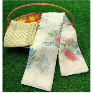 Women’s Viscose Rayon Printed Saree With Unstitched Blouse (Cream)