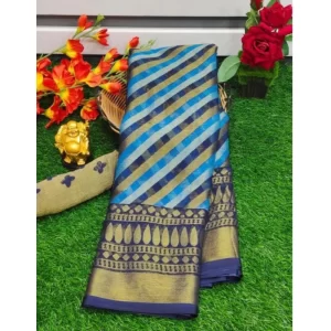 Women’s Viscose Rayon Printed Saree With Unstitched Blouse (Blue)