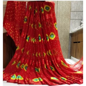 Women’s Satin Patta Printed Saree With Unstitched Blouse (Red)