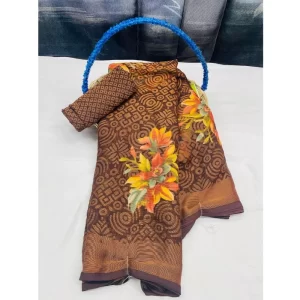 Women’s Viscose Rayon Printed Saree With Unstitched Blouse (Brown)