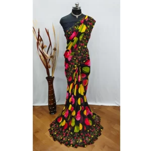 Women’s Georgette Printed Saree With Unstitched Blouse (Black)