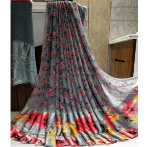 Women’s Satin Patta Printed Saree With Unstitched Blouse (Grey)