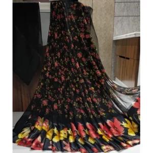Women’s Satin Patta Printed Saree With Unstitched Blouse (Black)