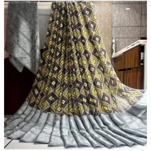 Women’s Satin Patta Printed Saree With Unstitched Blouse (Grey)