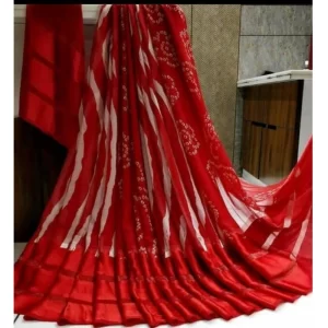 Women’s Satin Patta Printed Saree With Unstitched Blouse (Red)