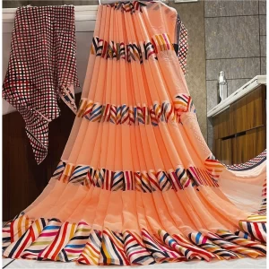 Women’s Satin Patta Printed Saree With Unstitched Blouse (Peach)