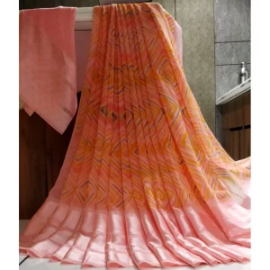 Women’s Satin Patta Printed Saree With Unstitched Blouse (Peach)