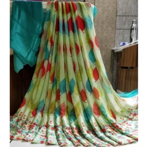 Women’s Satin Patta Printed Saree With Unstitched Blouse (Green)