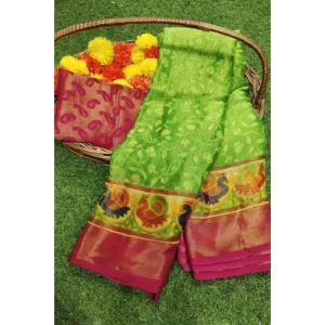 Women’s Viscose Rayon Printed Saree With Unstitched Blouse (Green)