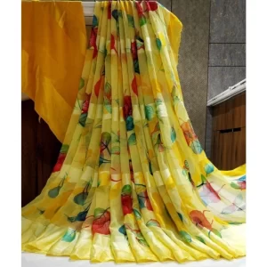 Women’s Satin Patta Printed Saree With Unstitched Blouse (Yellow)