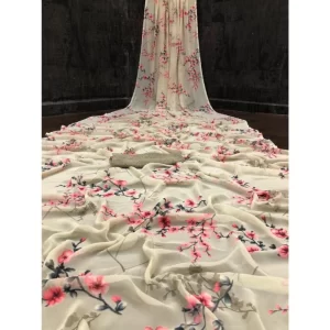 Women’s Georgette Printed Saree With Unstitched Blouse (Offwhite)