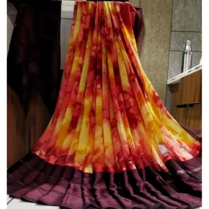 Women’s Satin Patta Printed Saree With Unstitched Blouse (Purple)